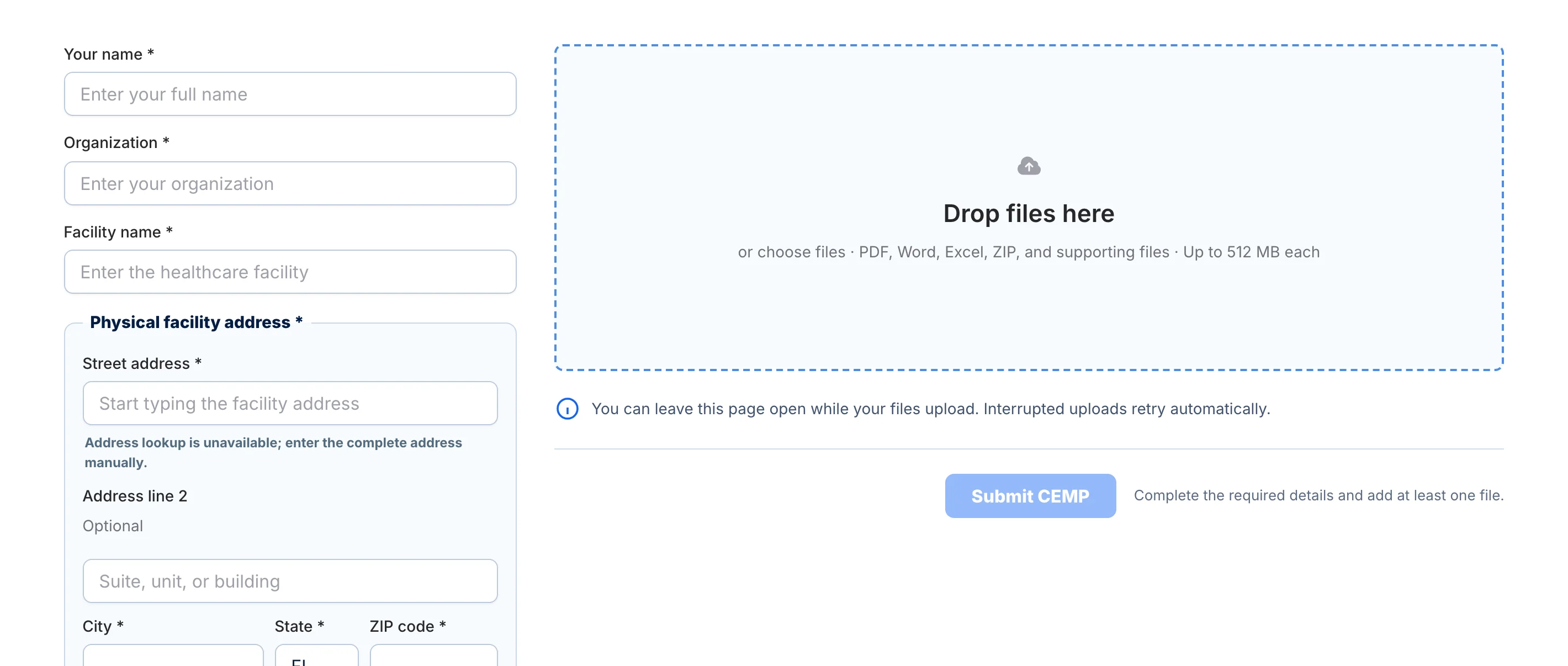 The CEMP form with facility details on the left and the supporting-file upload area on the right