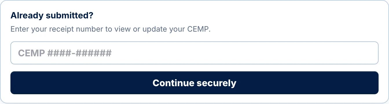 The Already submitted area with a receipt-number field and Continue securely button