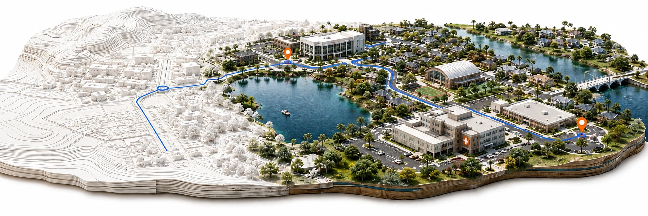 An illustrated community taking shape from a planning map, connecting homes, schools, a hospital, and emergency services.