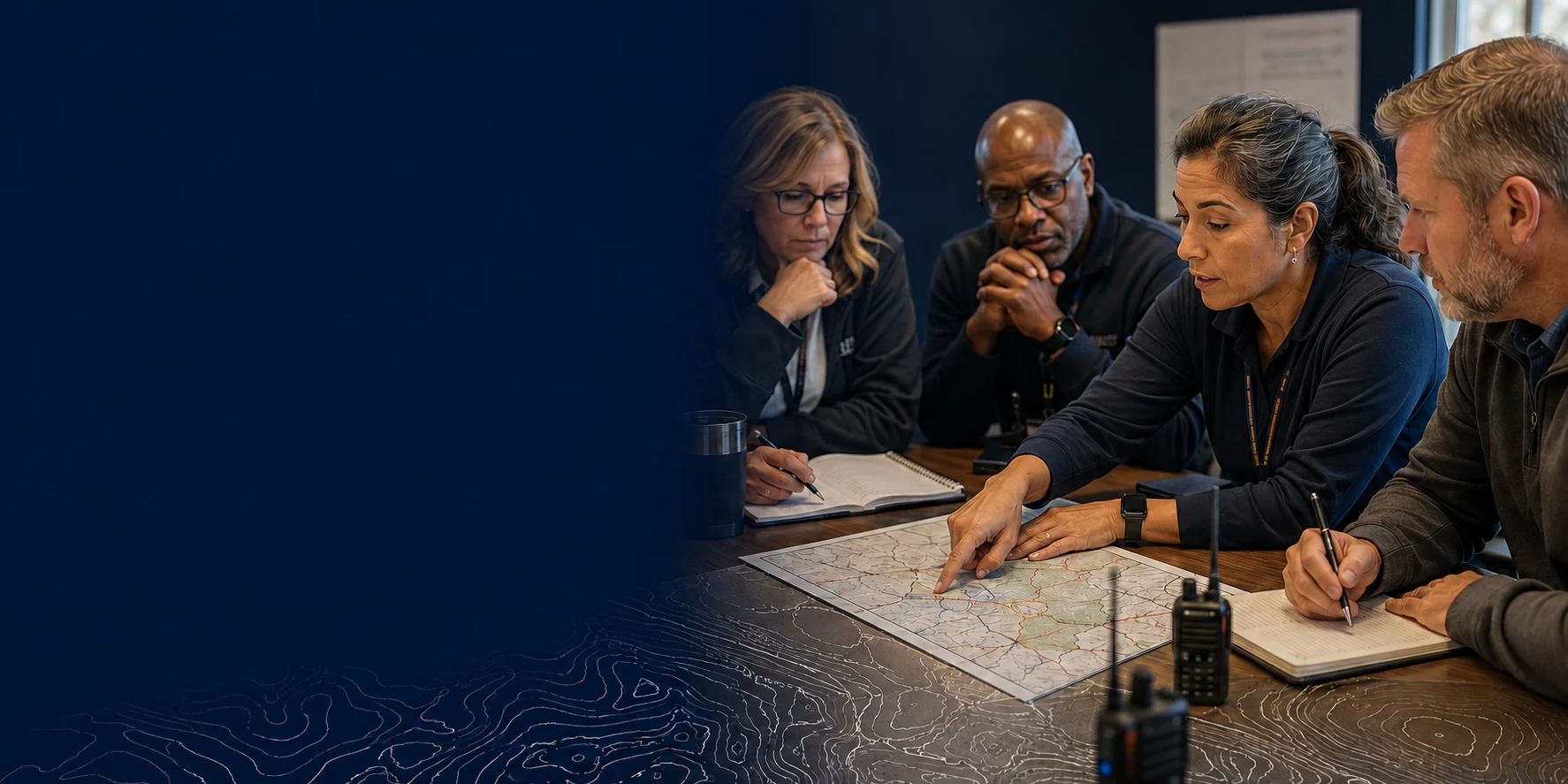 Illustrative scene of emergency-management partners collaborating around a tabletop exercise map.