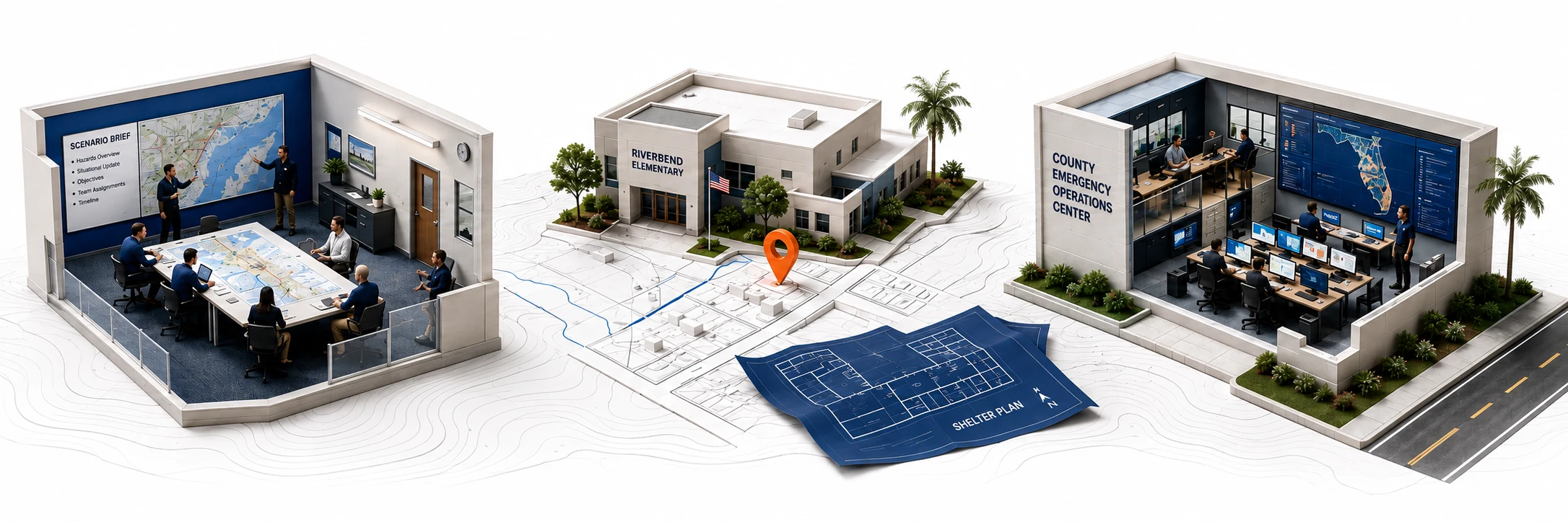 Architectural illustrations of a training exercise, a school shelter plan, and an emergency operations center.