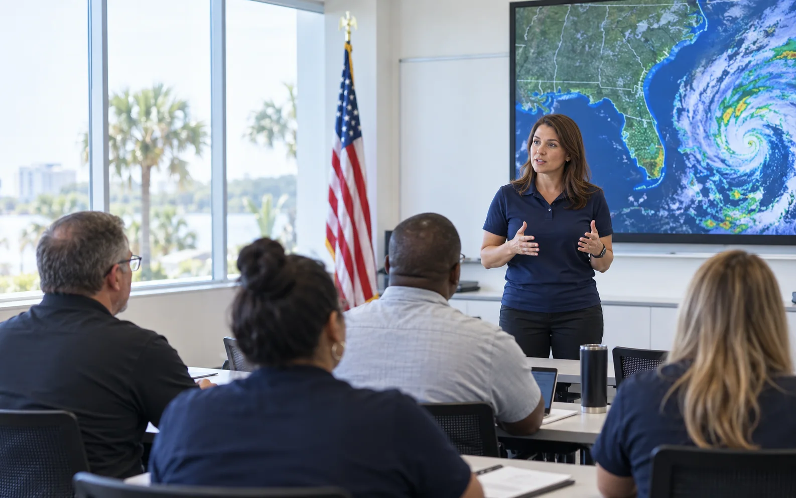 Emergency-management instructor leading a classroom briefing