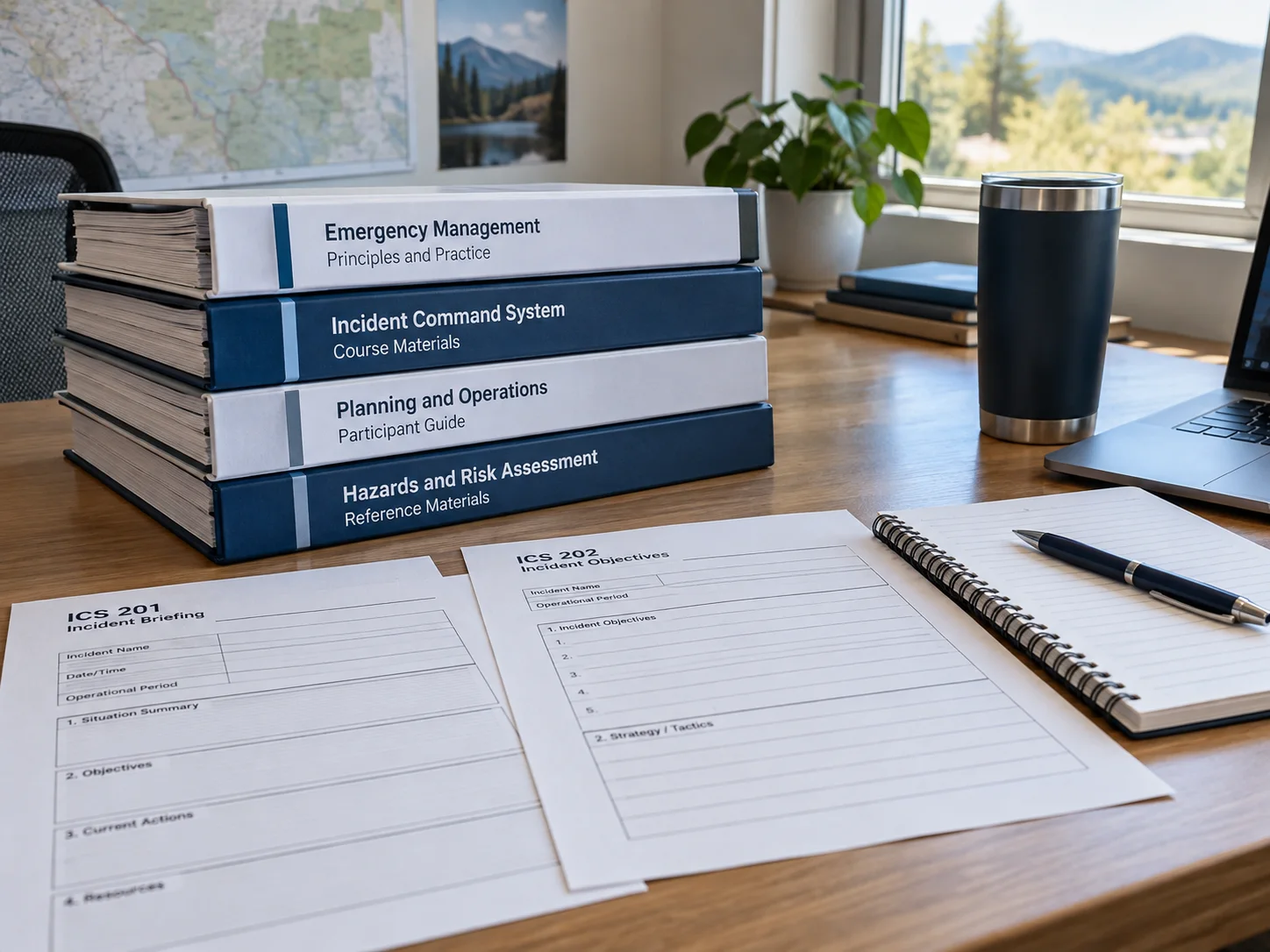 Emergency-management course binders, forms, and study materials
