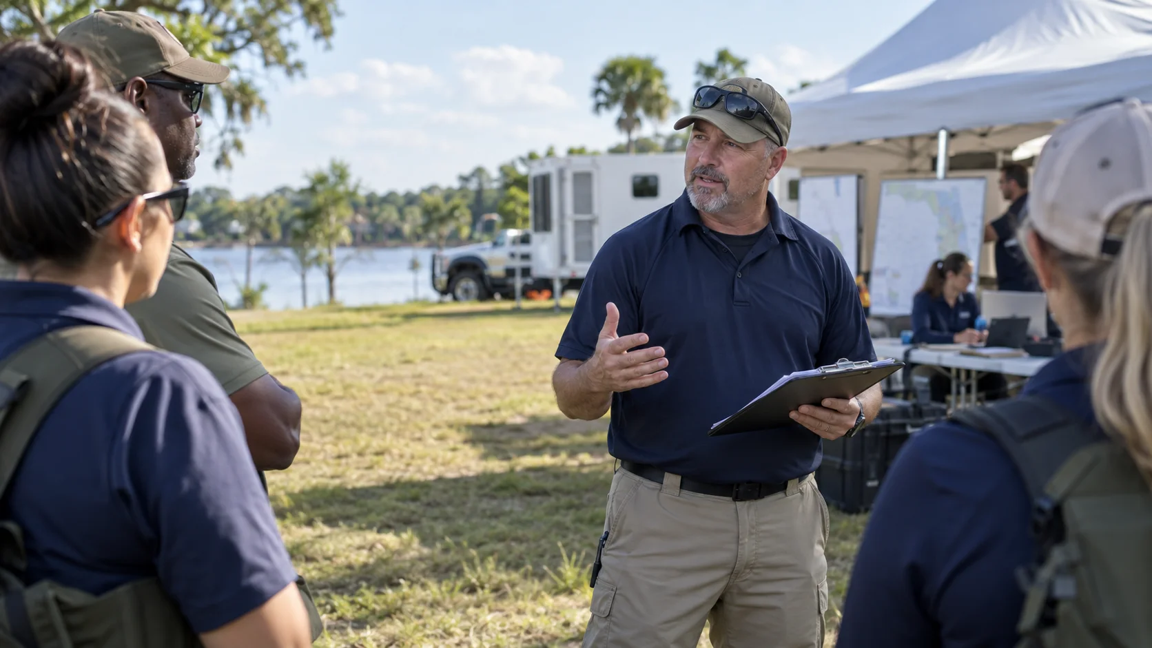 Emergency-management instructor leading an outdoor field briefing